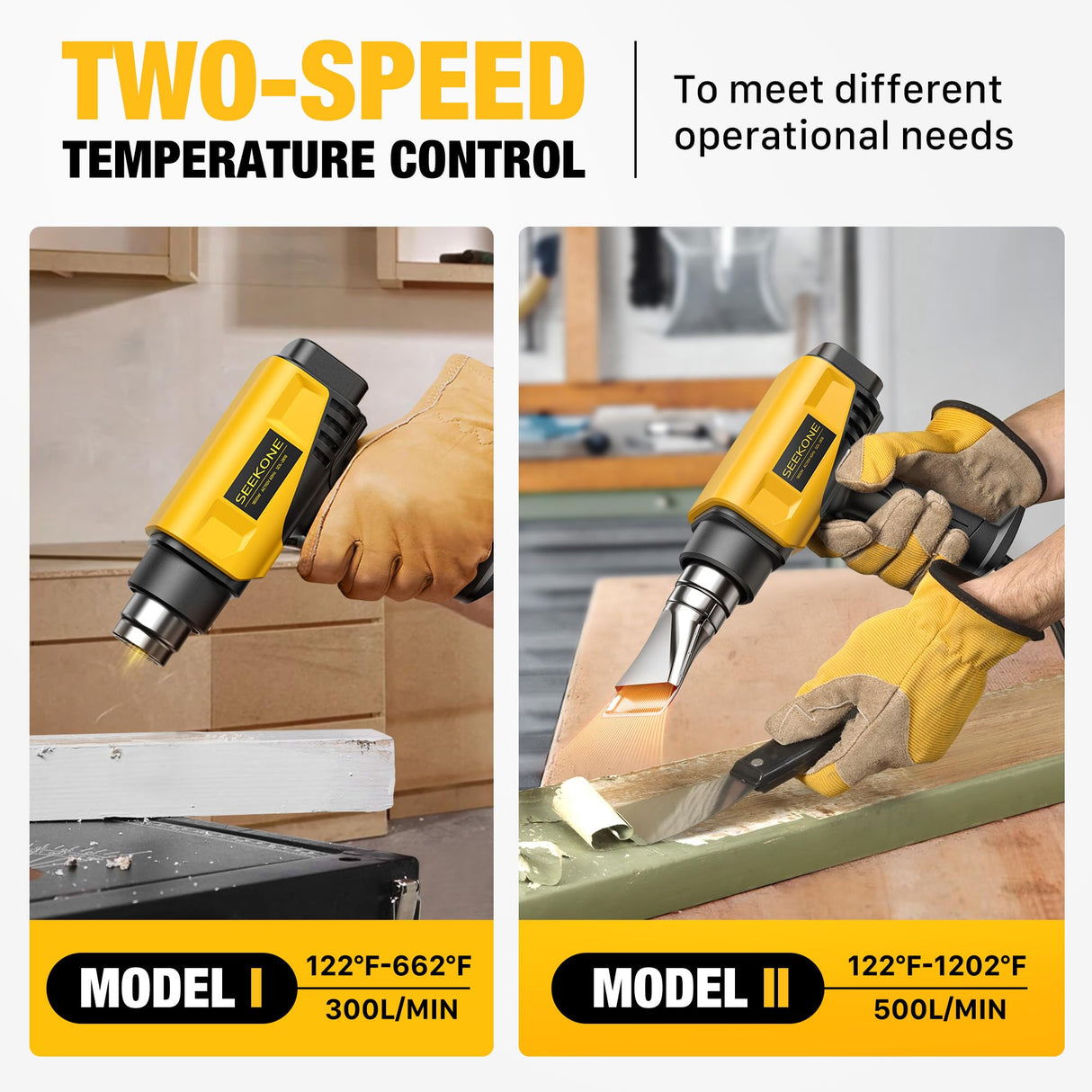 SEEKONE 1800W Heat Gun Compact Design Heavy Duty Hot Air Gun Variable Temperature Control for 2-Temp Settings 122℉~1202℉(50℃- 650℃)with 4 Nozzles for SEEKONE