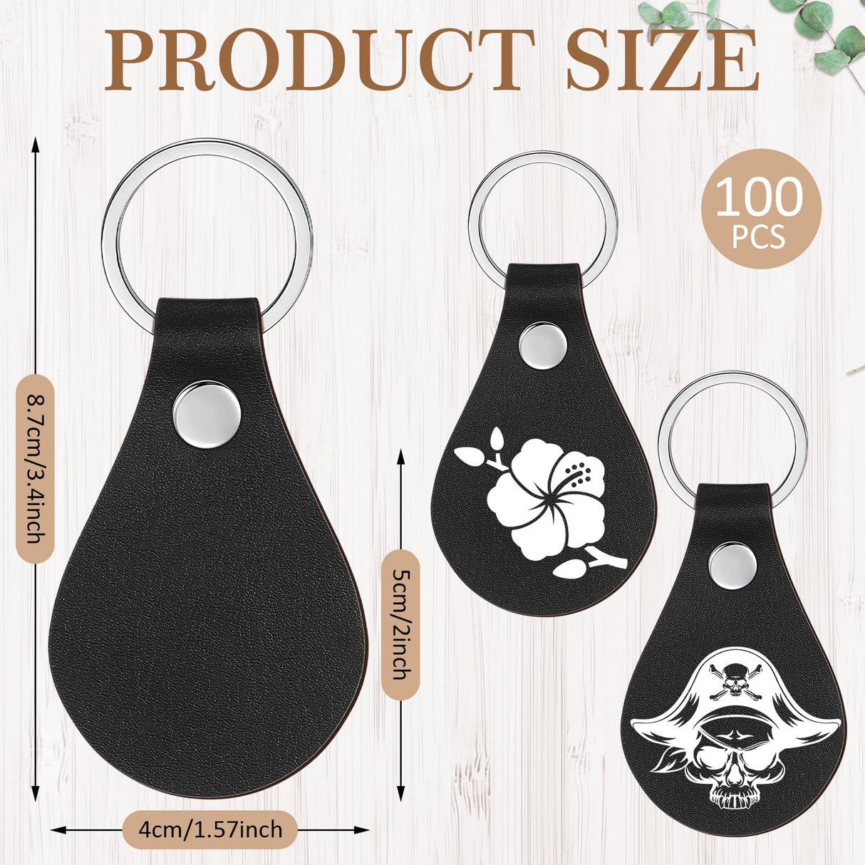 Geetery 100 Pcs PU Leather Key Fob Kit Blanks Key Fob Bulk with Rivets Key Rings DIY for Laser Engraving(Black) Geetery