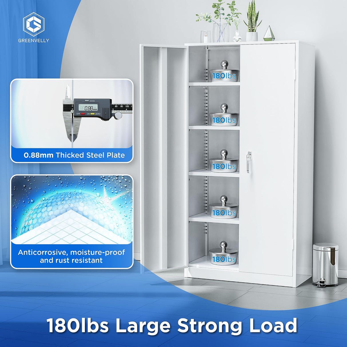 Greenvelly White Metal Storage Cabinet, 72" Locking Storage Cabinets with Doors and 4 Shelves, Tall Tool Storage Cabinet for Garage, Steel Lockable Greenvelly