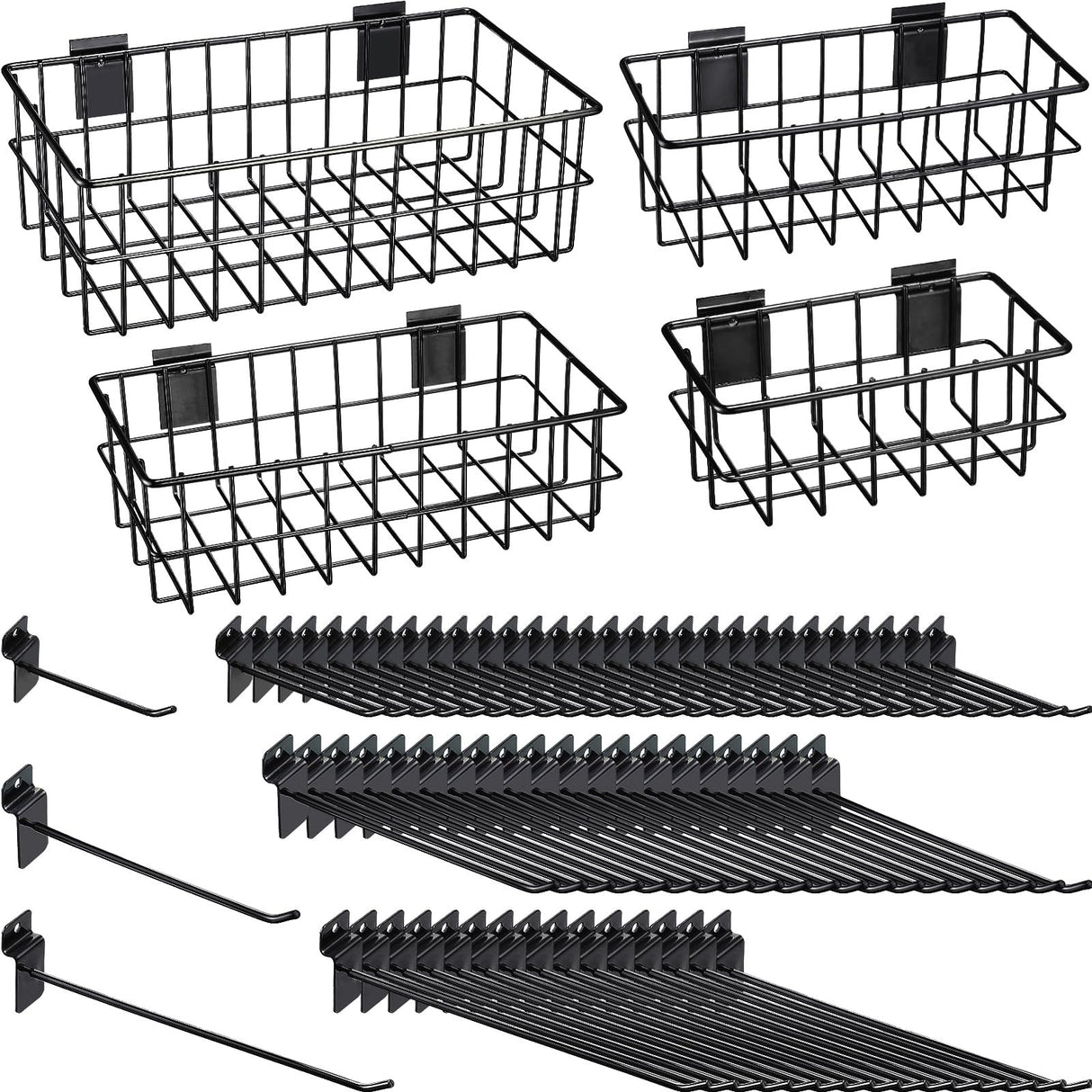 Yaocom 94 Pcs Slatwall Accessory 4 Metal Slatwall Baskets 90 Slatwall Hooks 4'' 6'' 8'' Slat Wall Hooks Hanging Storage Baskets for Shops Rooms Yaocom