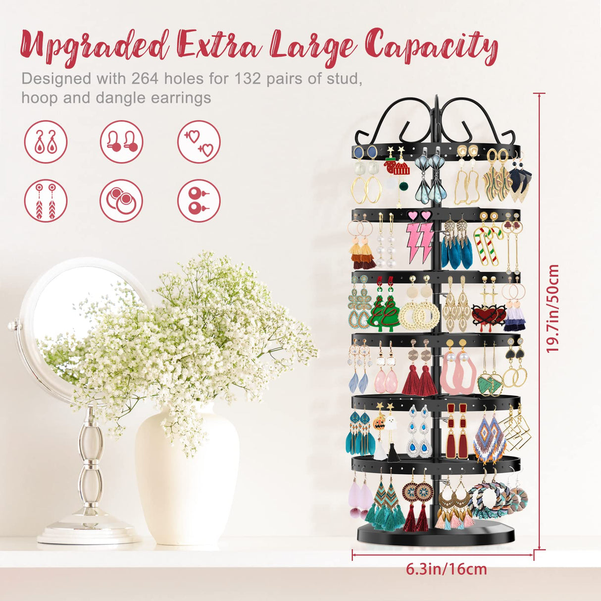 iDavosic.ly 6 Tier Metal Rotating Earring Holder Organizer, 264 Holes Earring Storage Display Tower Rack, Adjustable Earring Tree Organizer for Women iDavosic.ly