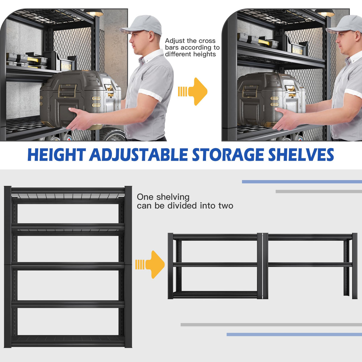 REIBII Garage Shelving, 72" Garage Storage Shelves Heavy Duty Shelving Units and Storage Loads 2000LBS, Adjustable 5 Tier Metal Shelving for Garage REIBII