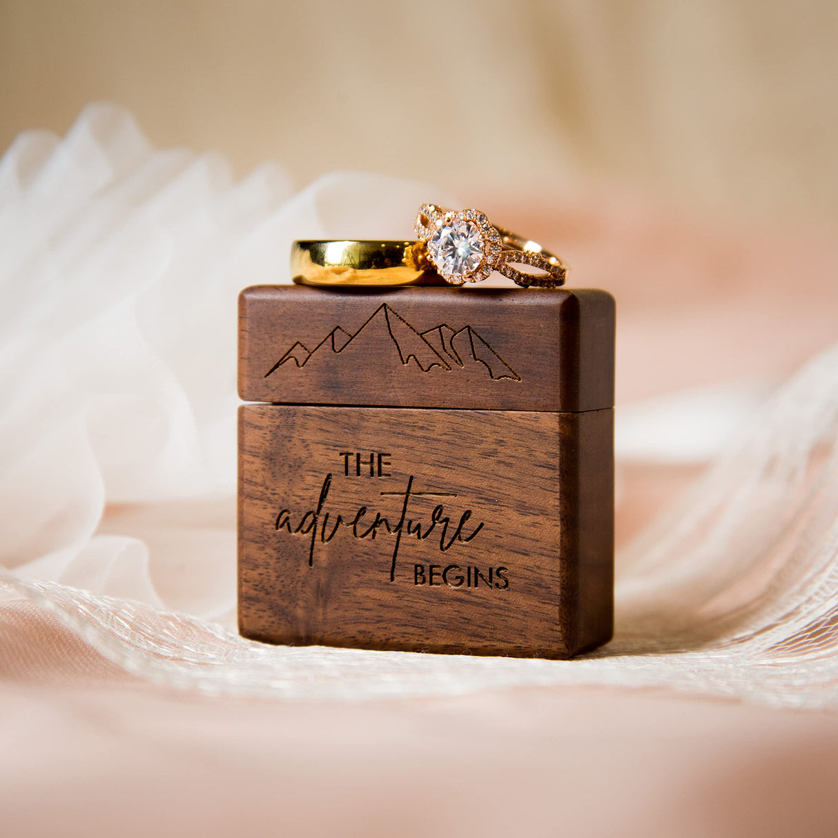 MUUJEE Slim Engagement Ring Box - Engraved Wooden Ring Box for Wedding Ceremony Engagement Proposal, Ring Bearer Box, Christmas Birthday Gift Ideas MUUJEE