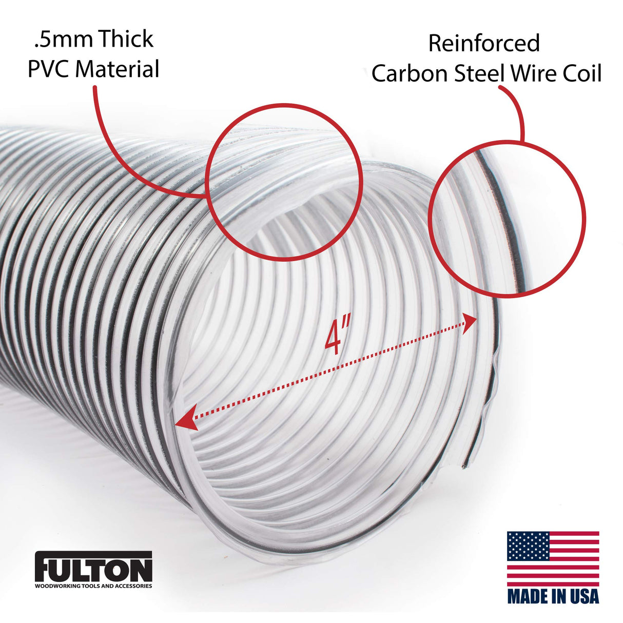 4 inch diameter x 10 foot long Ultra Flex Clear Vue Heavy Duty PVC Dust Debris and Fume Collection Hose MADE IN USA! Fulton