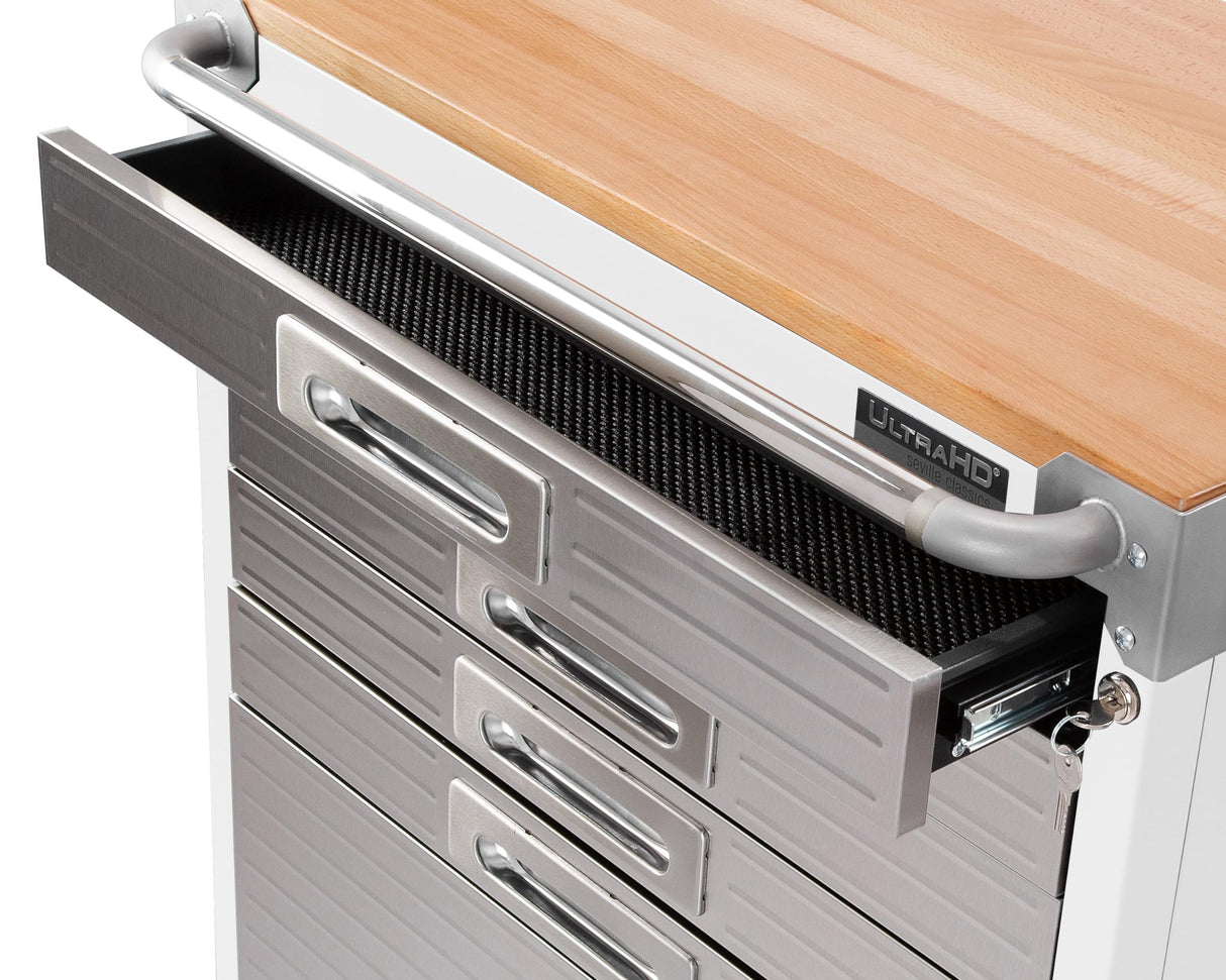 Seville Classics UltraHD Heavy Duty Rolling Cabinet Workbench Table w/Solid Wood Top Workstation for Garage, Office, Workshop, 6-Drawer (28" W x 25" Seville Classics