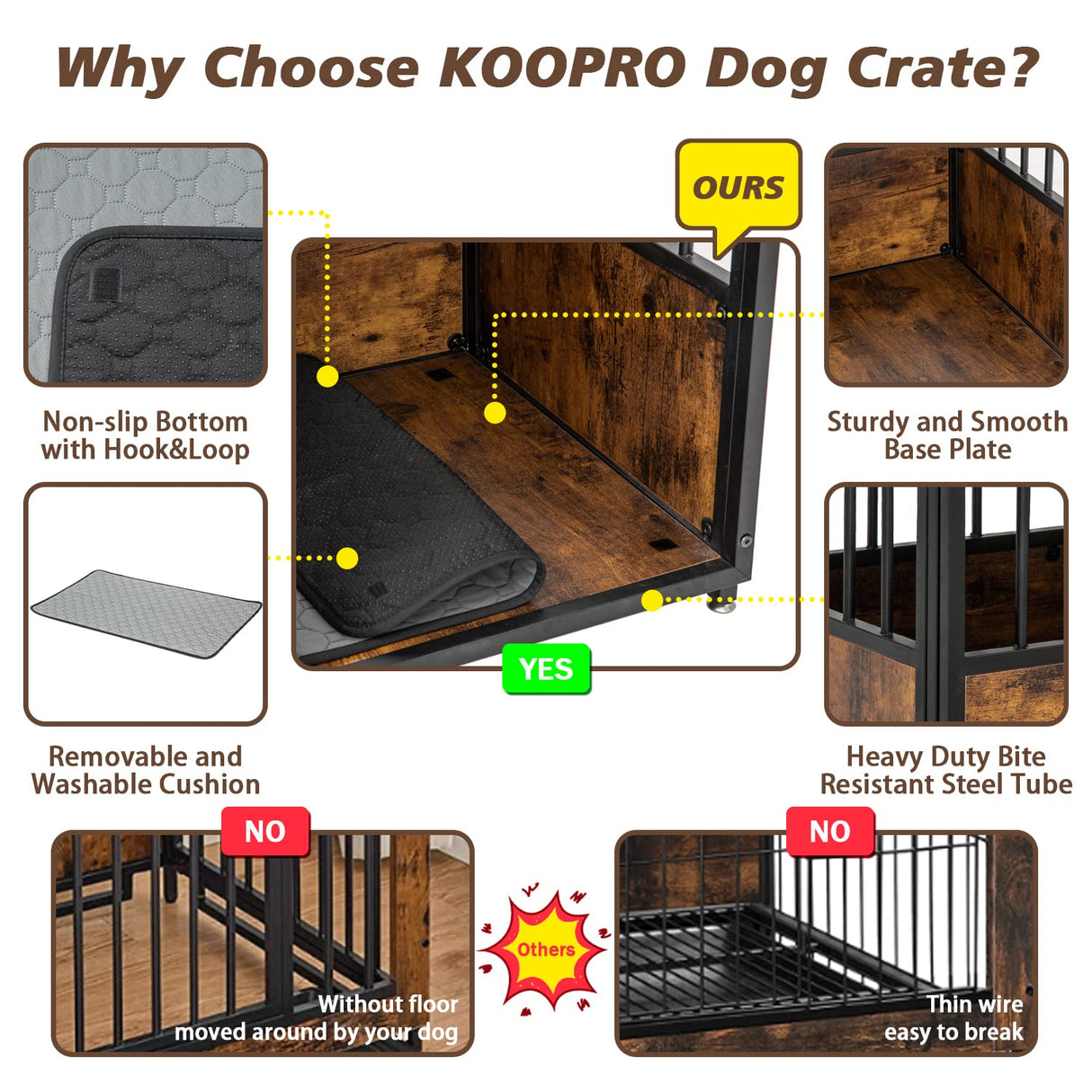 KOOPRO 40 Inch Dog Crate Furniture with Cushion for Large Medium Dogs, Wooden Heavy Duty Dog Kennel with Double Doors, Decorative Pet House Dog Cage KOOPRO