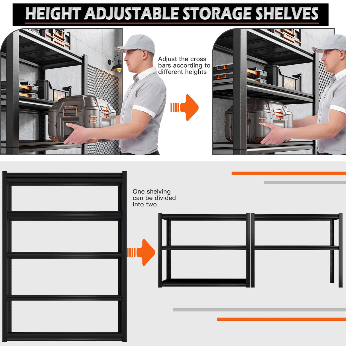 REIBII 40"W Garage Shelving Heavy Duty Storage Shelves Load 2000Lbs Adjustable Garage Shelves Heavy Duty Shelving 5-Tier Metal Shelving Unit Garage REIBII