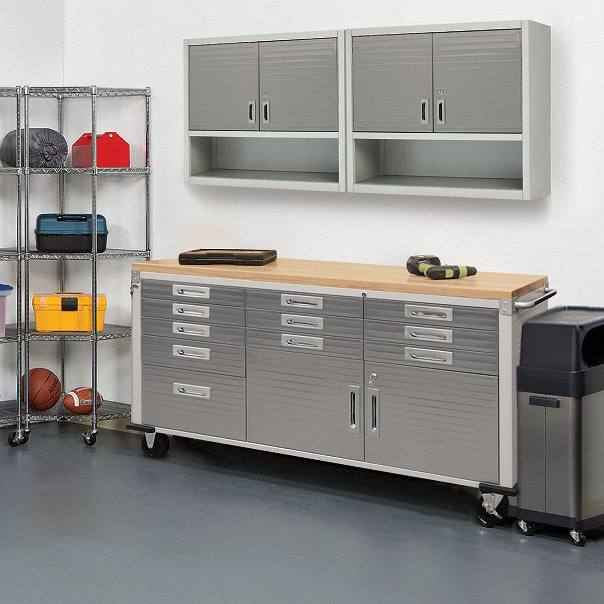 Seville Classics UltraHD Heavy Duty Rolling Cabinet Workbench Table w/Solid Wood Top, Workstation for Garage, Warehouse, Office, Workshop, 77" W x Seville Classics