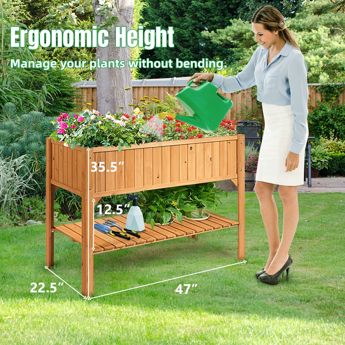 COSTWAY Raised Garden Bed, Wood Planter Box with Storage Shelf and for Vegetables, Flowers & Herbs, 2-Tier Elevated Garden Planter Bed for Backyard, COSTWAY