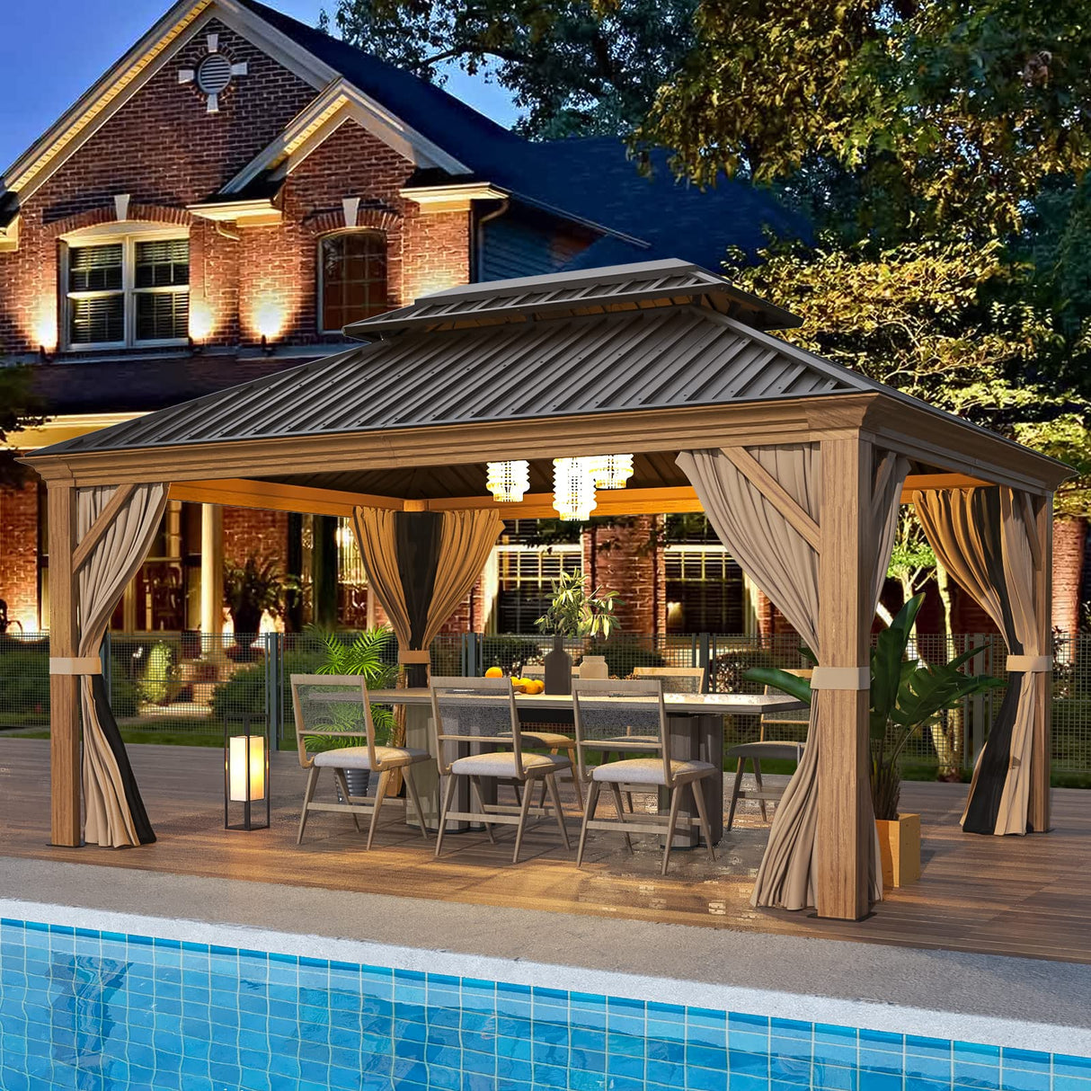 EROMMY 12' x 14' Gazebo, Wooden Finish Coated Aluminum Frame Canopy with Double Galvanized Steel Hardtop Roof, Outdoor Permanent Metal Pavilion with EROMMY