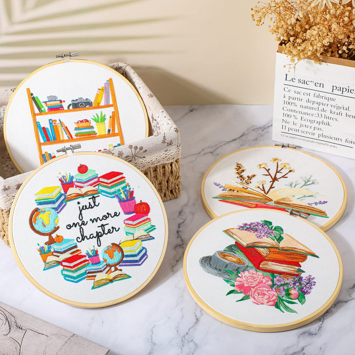 4 Set Embroidery Kit for Beginners Adults Cross Stitch Embroidery Kit for Book Lovers DIY Needlepoint Kit with Book Patterns, Instructions, Unittype