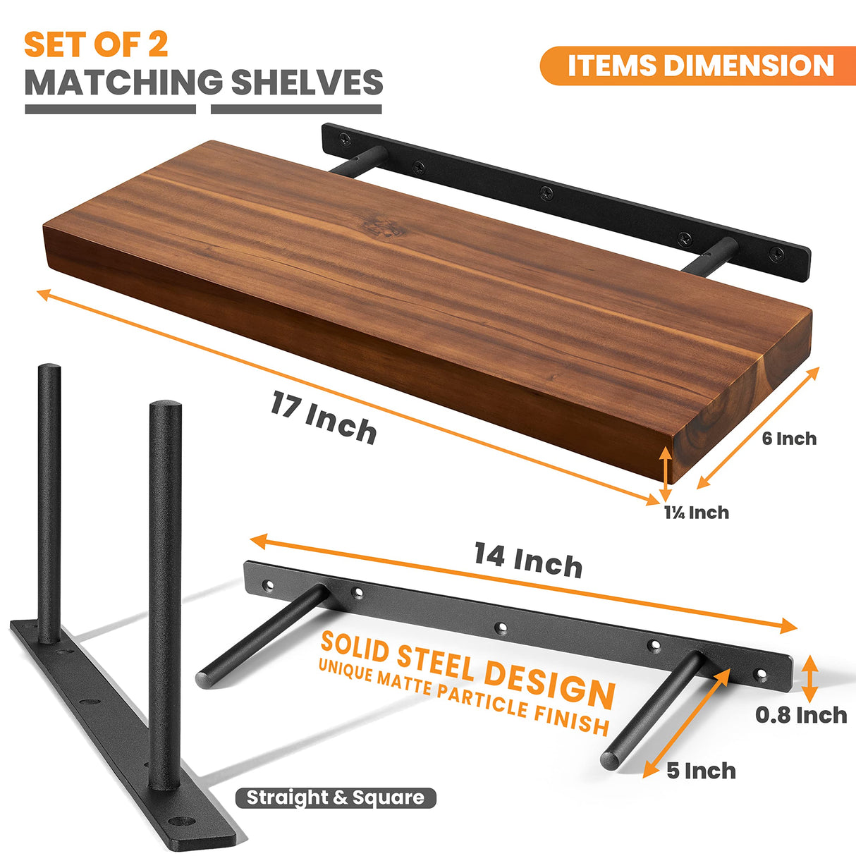 BATODA Set of 2 17" Acacia Wood Floating Shelves Wall Mounted – Rustic Farmhouse Wooden Wall Storage Shelf for Bedroom, Kitchen, Home Décor - BATODA