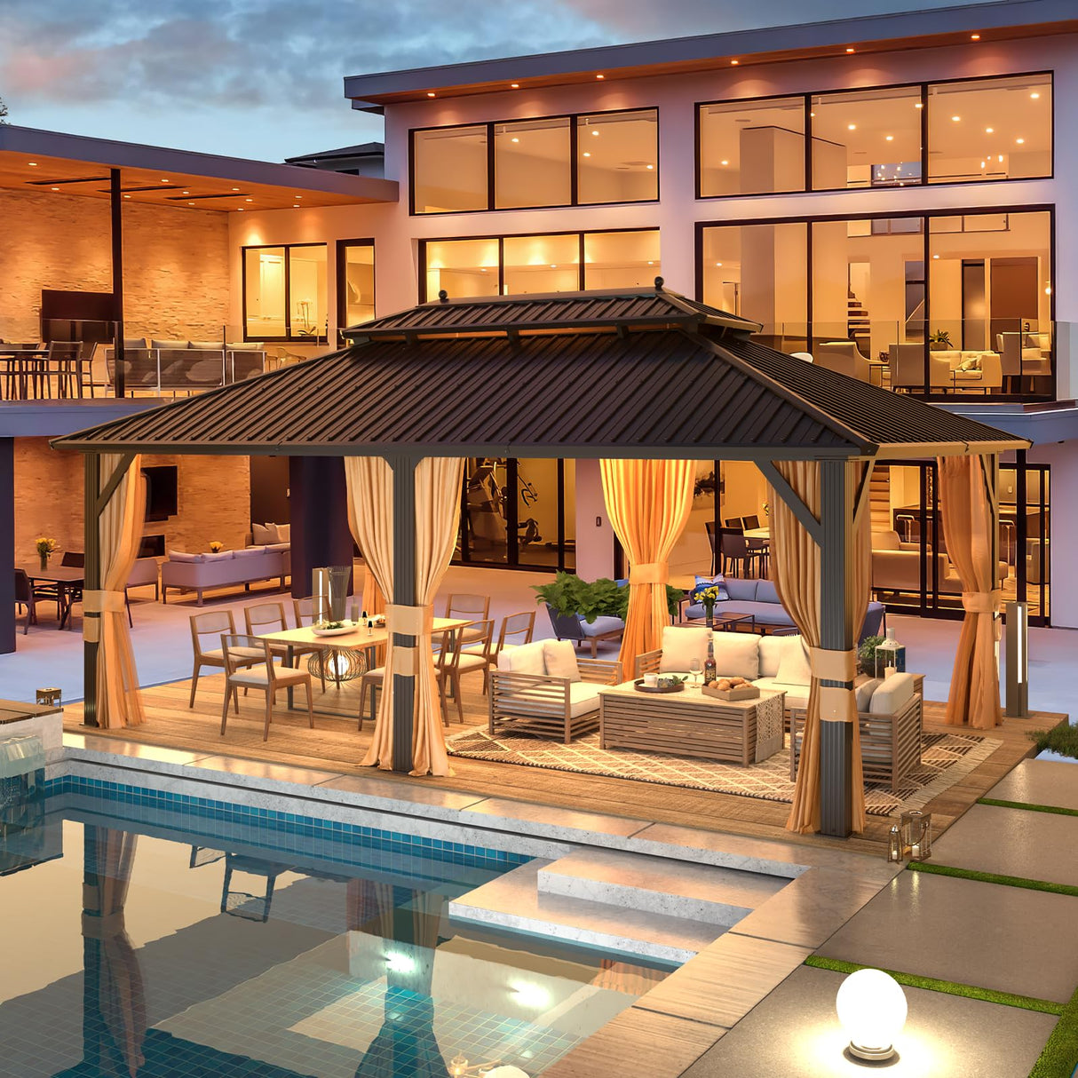 EROMMY 12'x20' Hardtop Gazebo, Galvanized Steel Metal Double Roof Aluminum Gazebo with Curtain and Netting, Brown Permanent Pavilion Gazebo with EROMMY