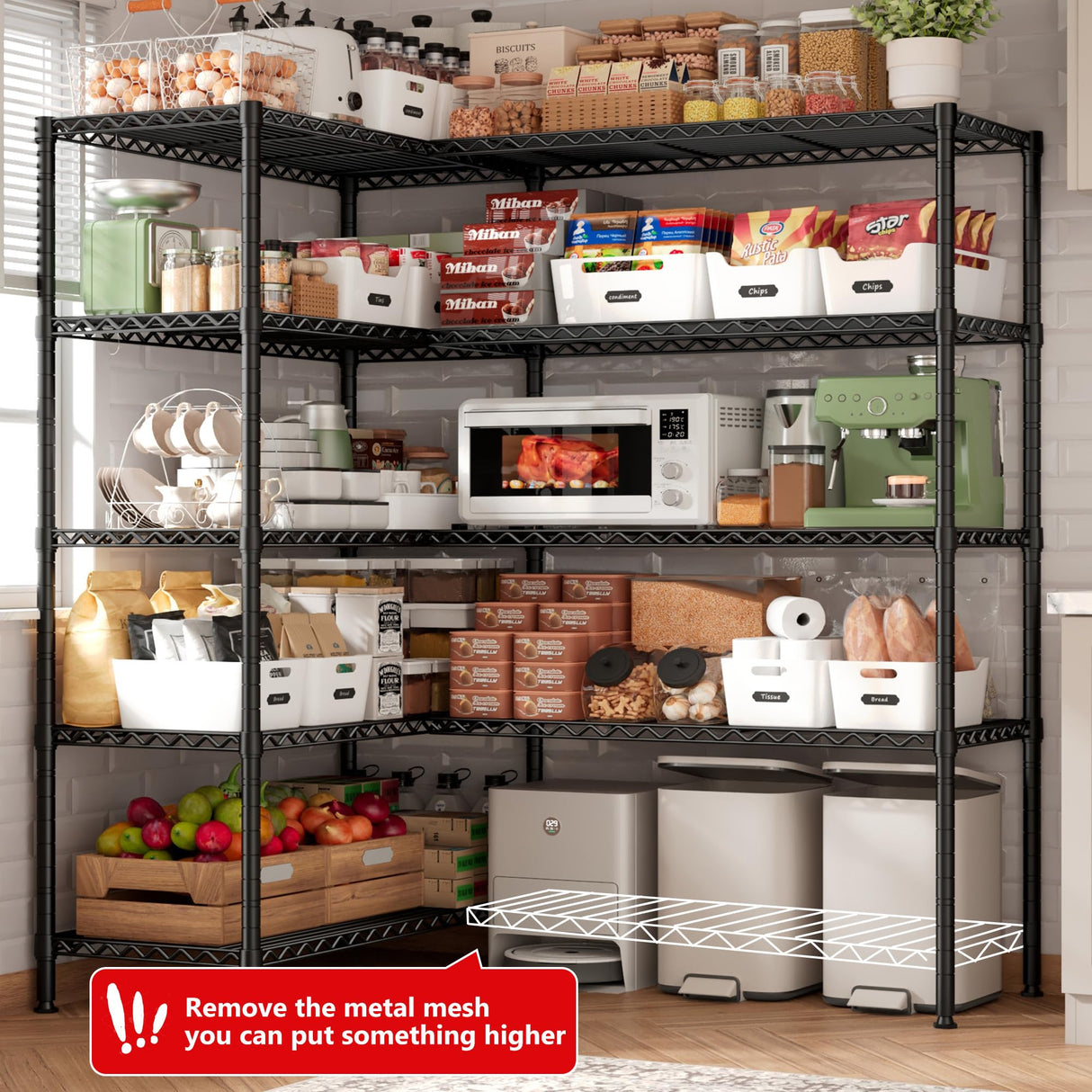 REIBII 61.2''W Storage Shelves 1500LBS Wire Shelving Unit 5 Tier Metal Shelving for Storage Rack Shelves for Storage Heavy Duty Garage Shelf Pantry REIBII