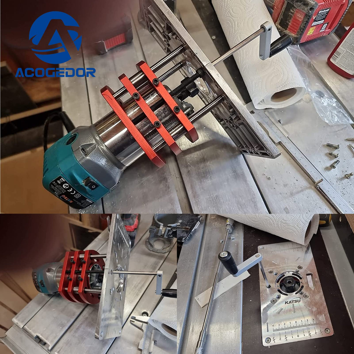 Router Lift, Metal Router Lift System Kit for Router Table Saw Insert Base Plate, 4 Jaw Clamping, Lift Only, No Template Insert Plate Acogedor