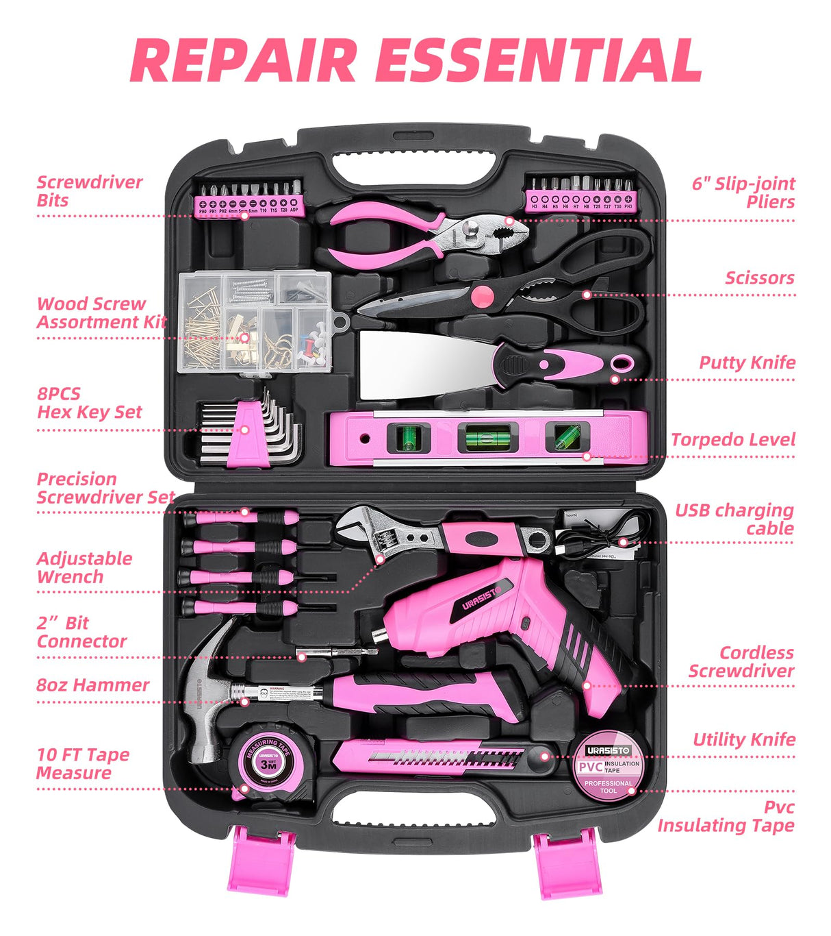 URASISTO Pink Household Tool Set with Drill, 136 PCS Home Tool Kit with 3.6V Cordless Lithium-ion Drill Driver, Hand Tool Kits for Women URASISTO