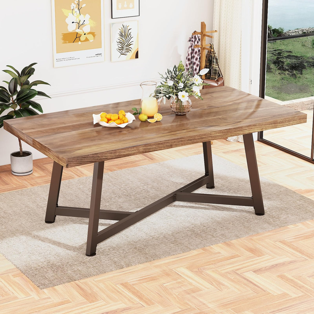 2024 New Large 72IN Solid Wood Dining Table for 6 8 10 People,Modern 6FT Waterproof Rectangular Kitchen Tables w/Anti-Rust&Adjustable Metal Leg,Brown chartustriable