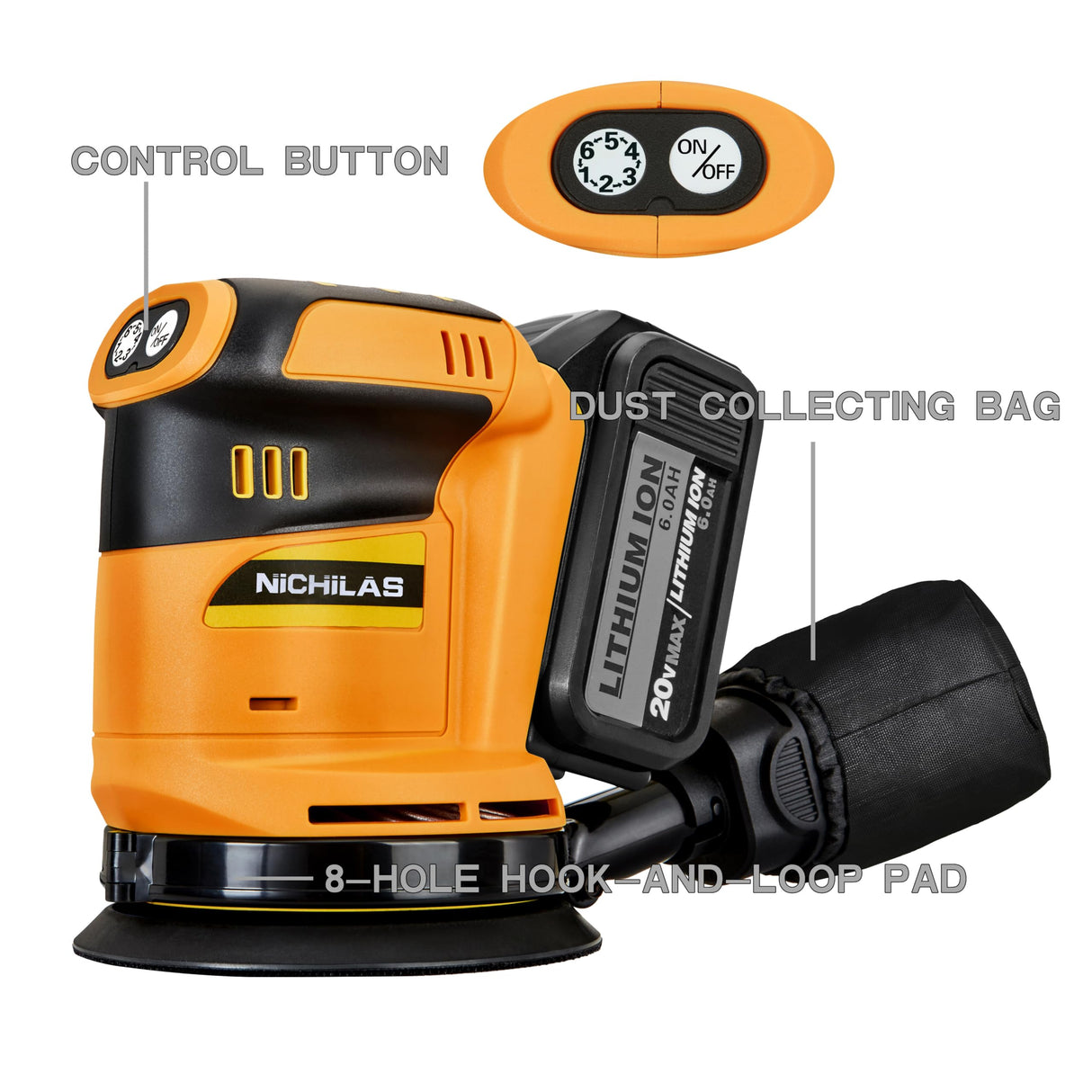 Random Orbital Sander Cordless Brushless Motor 6 Speeds Max 13500RPM, 5” Electric Sander with Dust Collector for Dewalt Battery, (Battery Not Nichilas