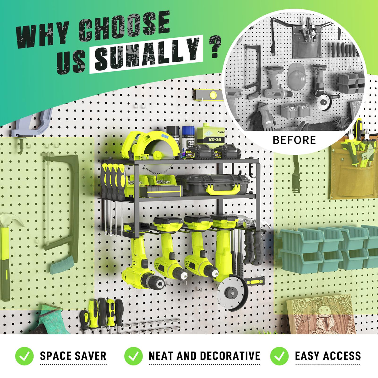 SUNALLY Power Tool Organizer, Power Drill Tool Holder, Heavy Duty Tool Shelf, 3 Layers Tool Rack Cordless Drill Holder, Floating Tool Shelf Wall SUNALLY