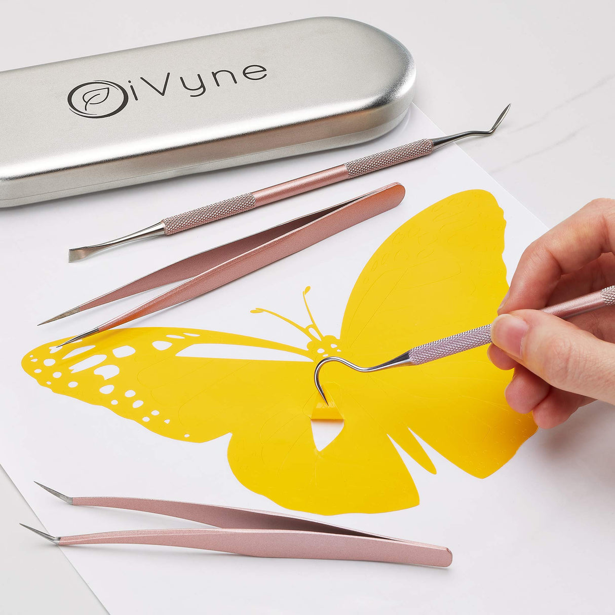 Premium Vinyl Weeding Tool Kit - Precision Stainless Steel Weeder - Hook and Pick with Fine Tweezers Crafting Set for Cricut Vinyl - by iVyne (Rose iVyne