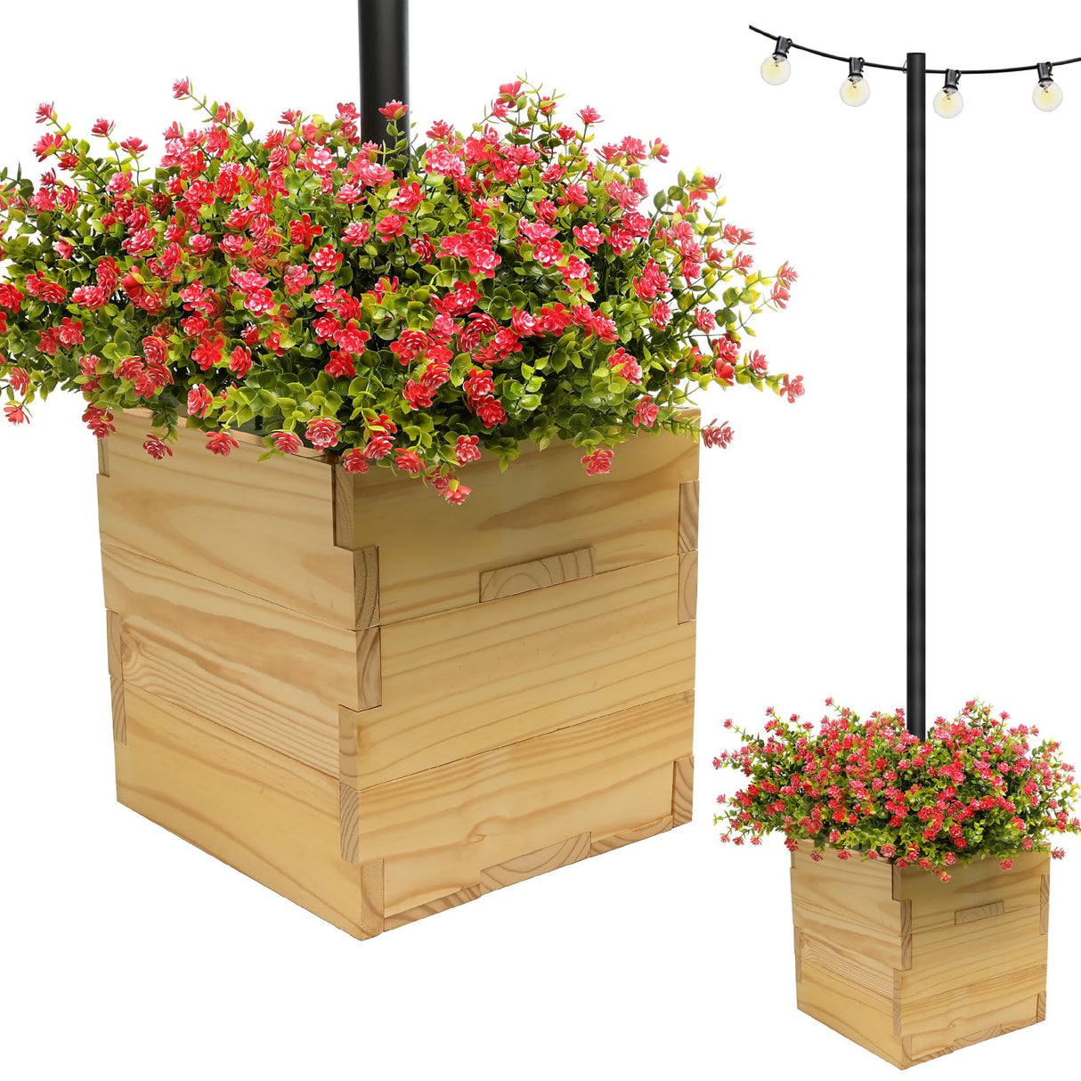 EXCELLO GLOBAL PRODUCTS Extra Large Decorative Wooden Planter, Universal Pole Support for String Light Poles Umbrella Bird Feeders Solid Wood Outdoor EXCELLO GLOBAL PRODUCTS