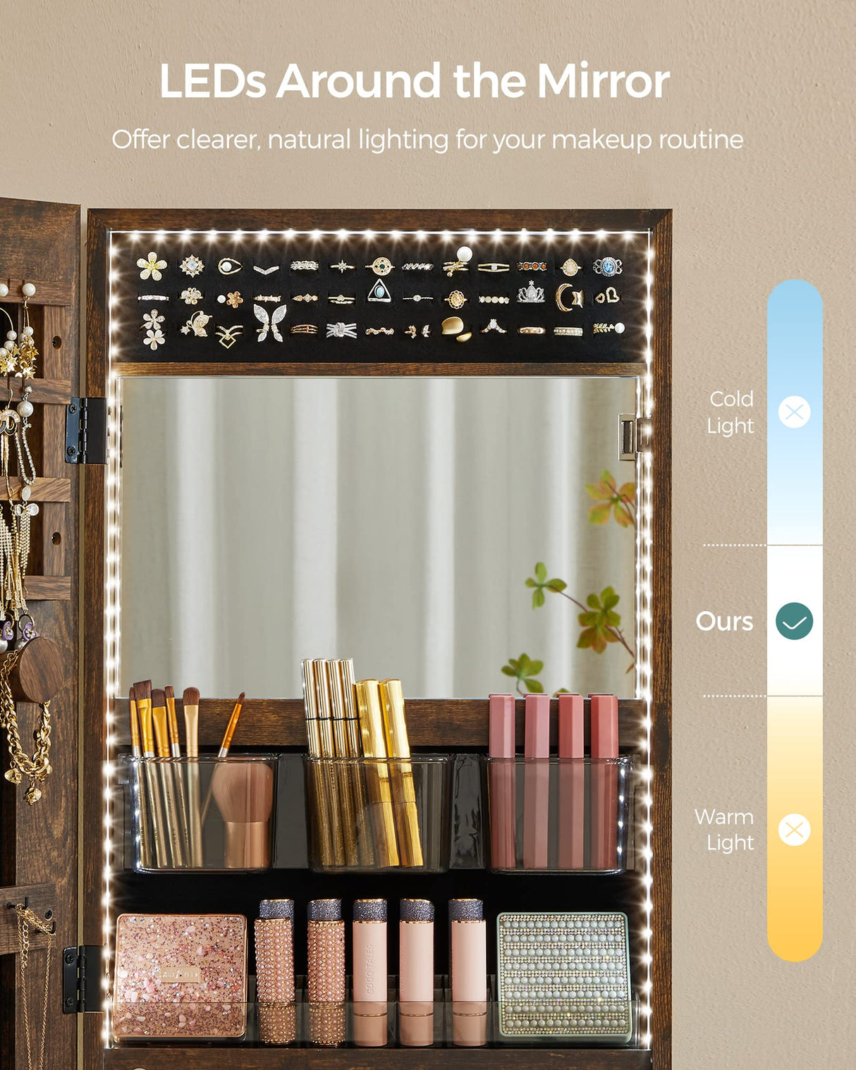 SONGMICS Mirror Jewelry Cabinet Armoire Organizer, Wall/Door Mount Storage Cabinet with Full-Length Frameless Lighted, Built-in Makeup Mirror, 2 SONGMICS