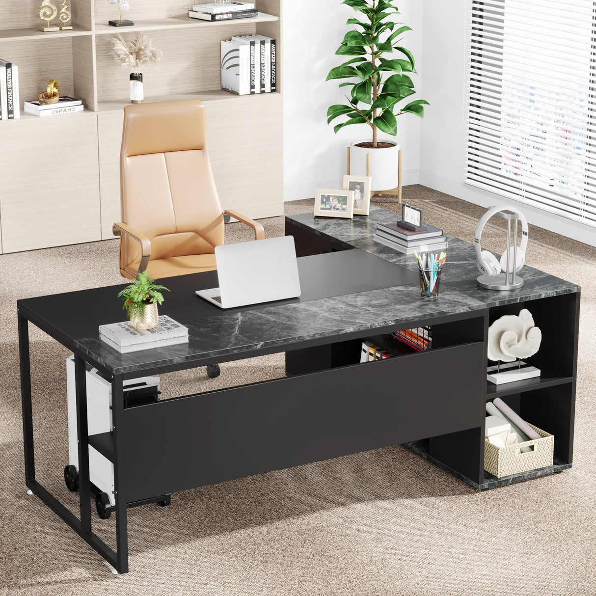 Tribesigns 71 inch Executive Desk, L Shaped Desk with Cabinet Storage, Executive Office Desk with Shelves, Business Furniture Desk Workstation for Tribesigns
