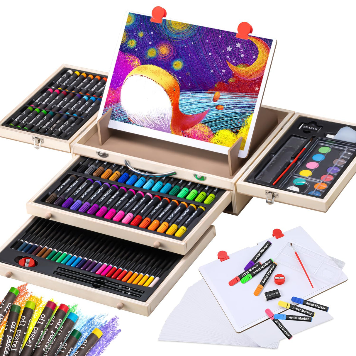 Art Supplies, Wooden Art Set Crafts Kit with Drawing Easel, Deluxe Kids Art Set, Oil Pastels, Colored Pencils, Watercolor Cakes, Creative Gift for VigorFun