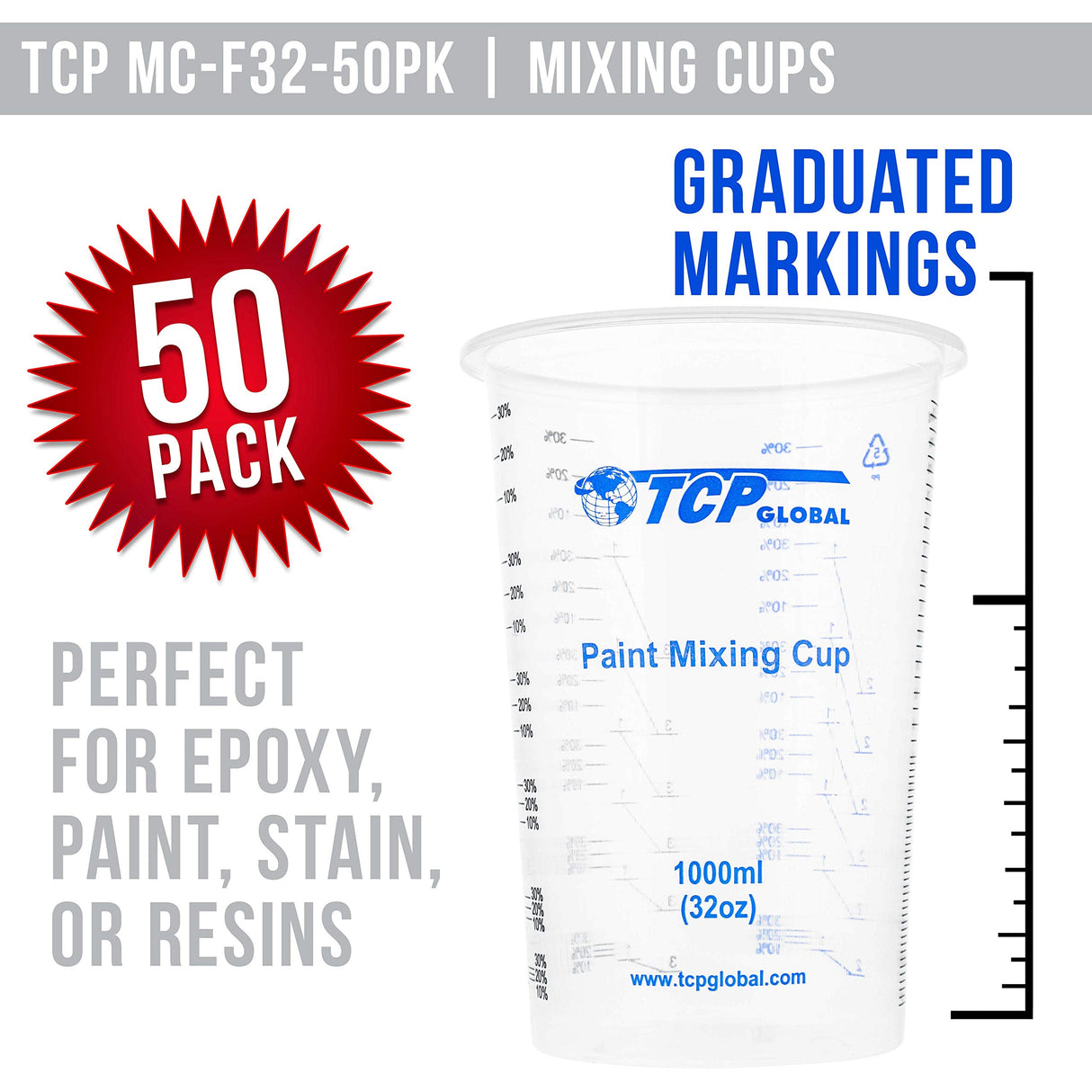 TCP Global 32 Ounce (1000ml) Disposable Flexible Clear Graduated Plastic Mixing Cups - Box of 50 Cups - Use for Paint, Resin, Epoxy, Art, Kitchen, TCP Global