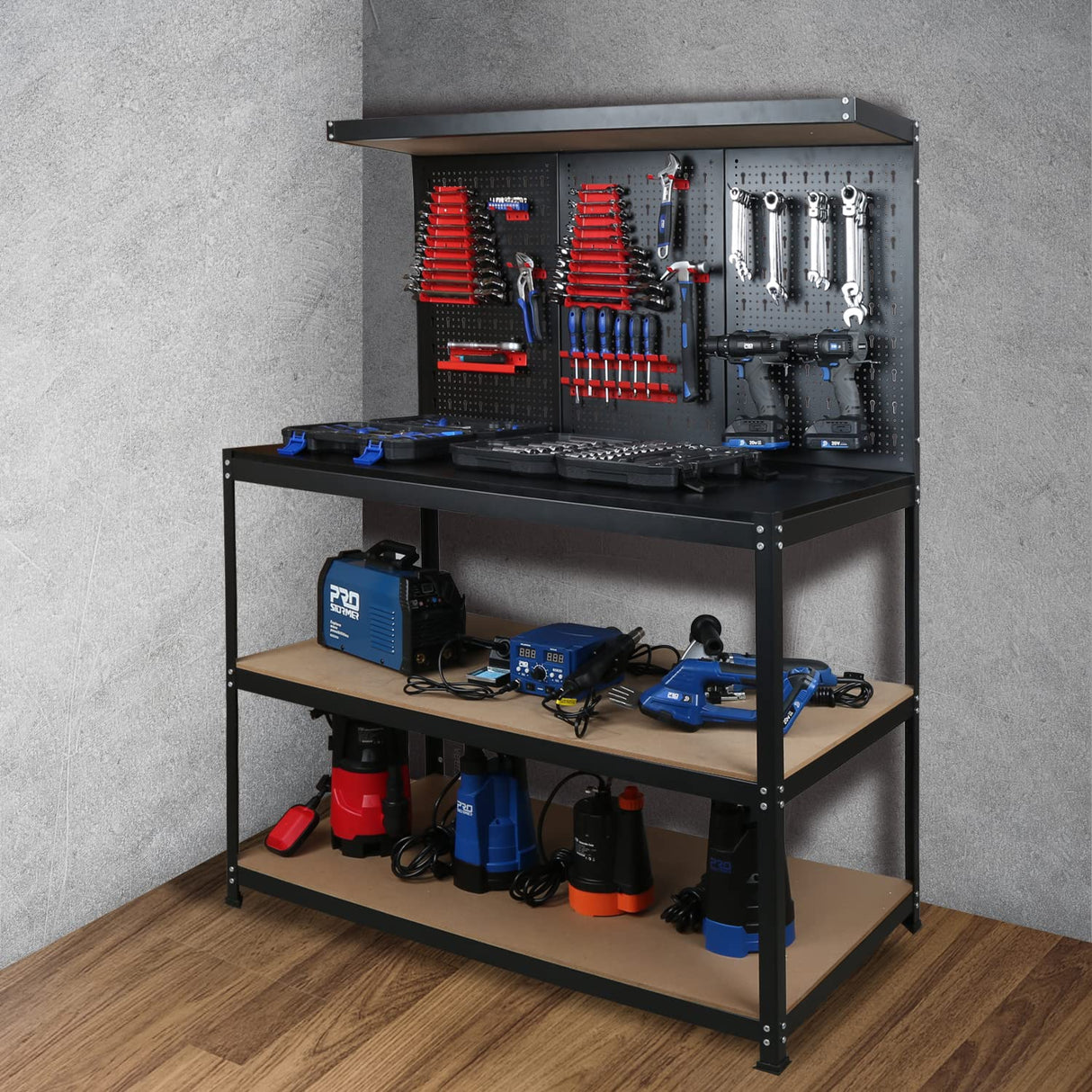 47”Workbench, Heavy-Duty Steel Tool Workbench with Pegboard Shelves, 330Lbs Multipurpose Work Benches for Garage, Home, Workshop Storage Prostormer