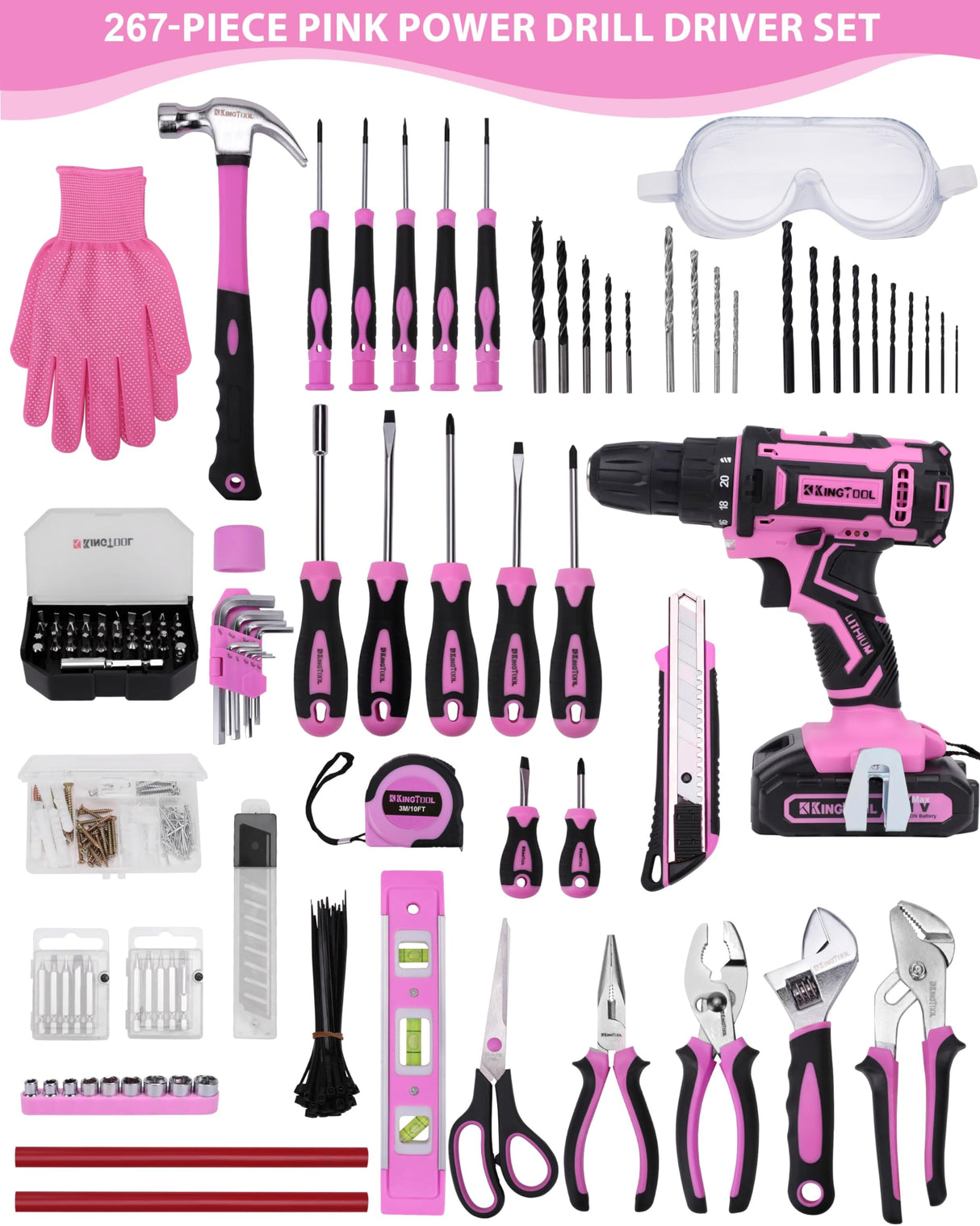 KingTool 267-Piece Tool Kit Set - Pink Tool Set with 21V Crodless Pink Power Drill Driver, Tool kit for Women with Pink Tool Storage Bag, Womens Tool KINGTOOL