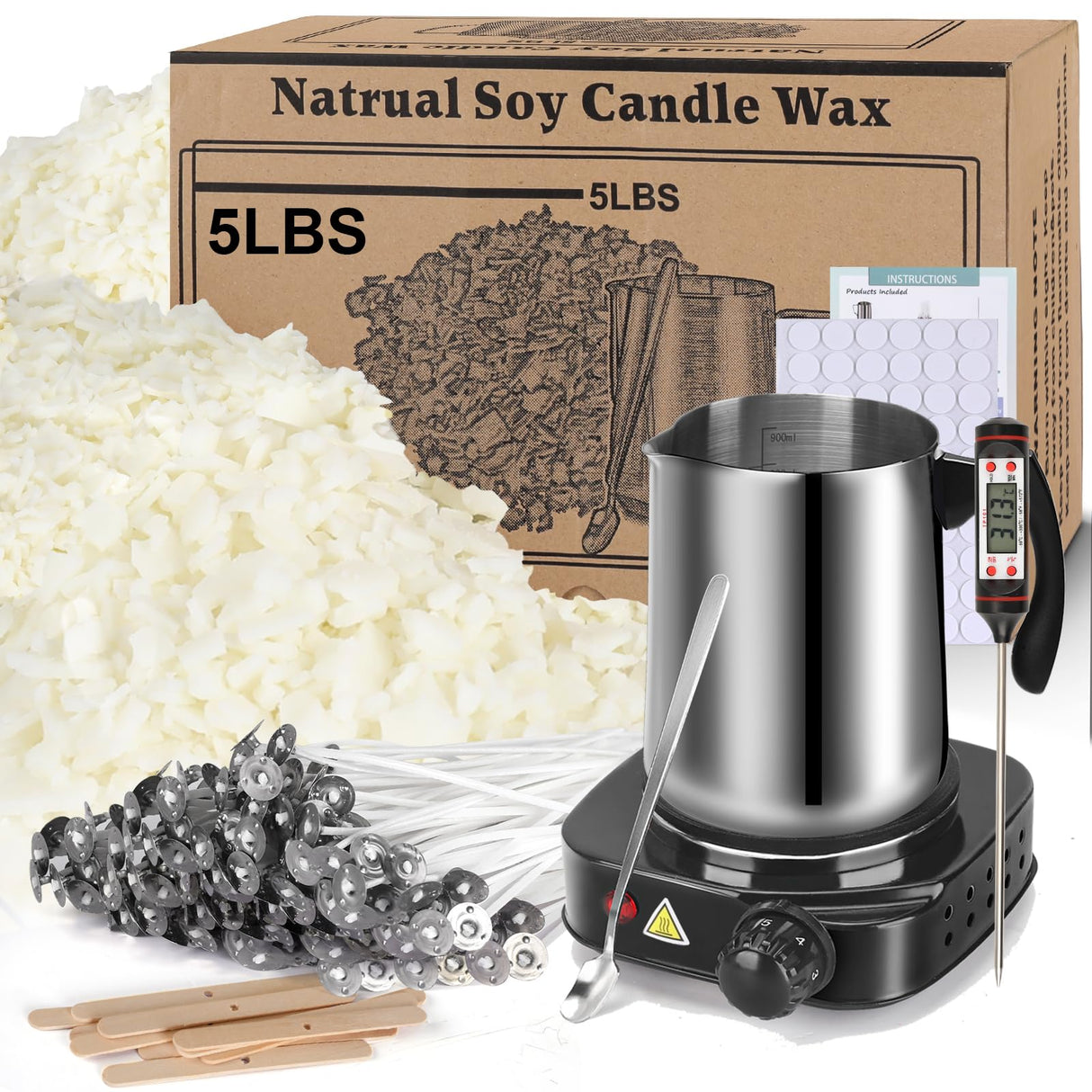 Soy Wax Candle Making Kit Supplies With Wax Melter, Natural Candle Wax For Candle Making, DIY Art&Crafts Kit for Adults,Beginner, Including 5lbs Soy Haccah