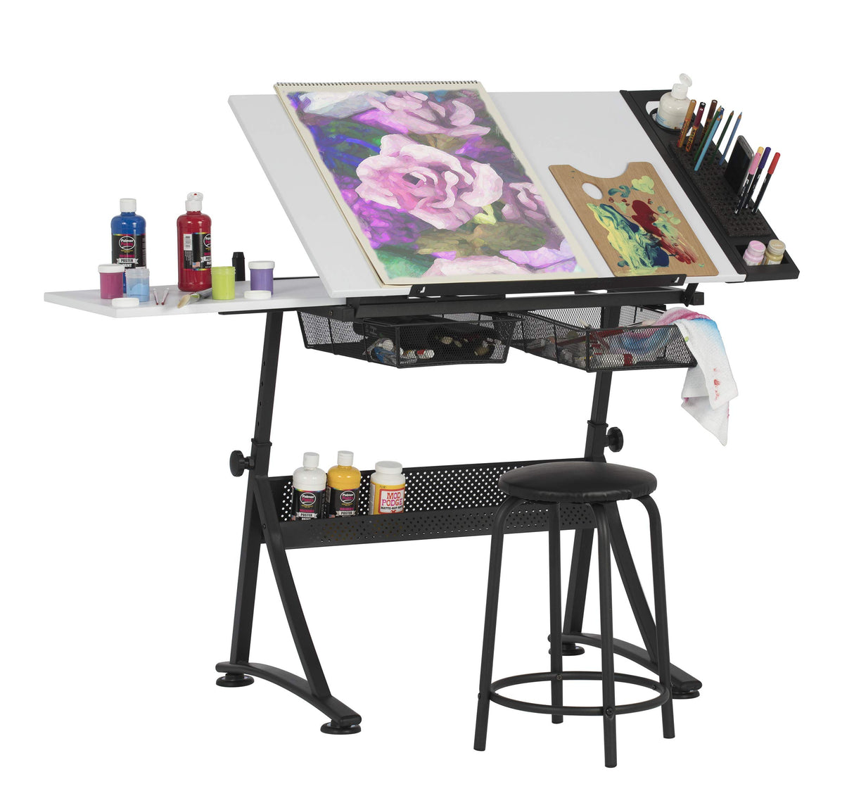 47" W Fusion Craft Center with 24" Supply Tray, 60 Degree Angle Adjustable Top and Height Adjustable from 27.75" – 35.5" when Flat, Stool and SD STUDIO DESIGNS