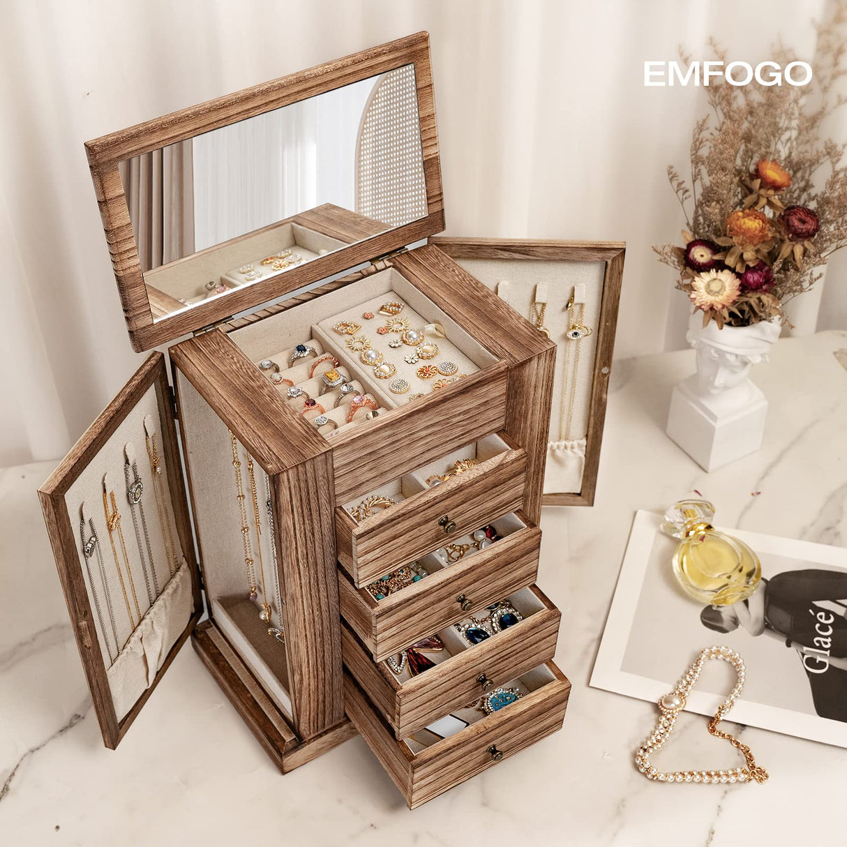 Emfogo Jewelry Box for Women, 5 Layer Large Wood Boxes & Organizers for Necklaces Earrings Rings Bracelets, Rustic Organizer with Drawers and Emfogo