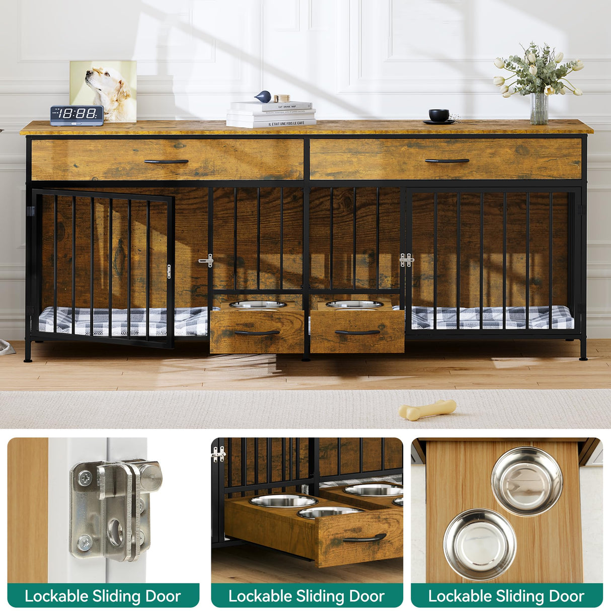 YITAHOME Dog Crate Furniture TV Stand Large Breed with Dog Feeder, 74.8" Inch Wooden Decorative Dog Kennel Furniture Indoor Heavy Duty Dog Crate with YITAHOME