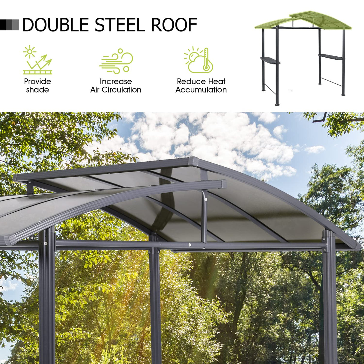 Aoodor 8 x 5 ft. BBQ Grill Gazebo Shelter, Dark Gray Steel Frame and Brown Double-Tier Polycarbonate Top Canopy, with Side Shelves, for Outdoor, Aoodor