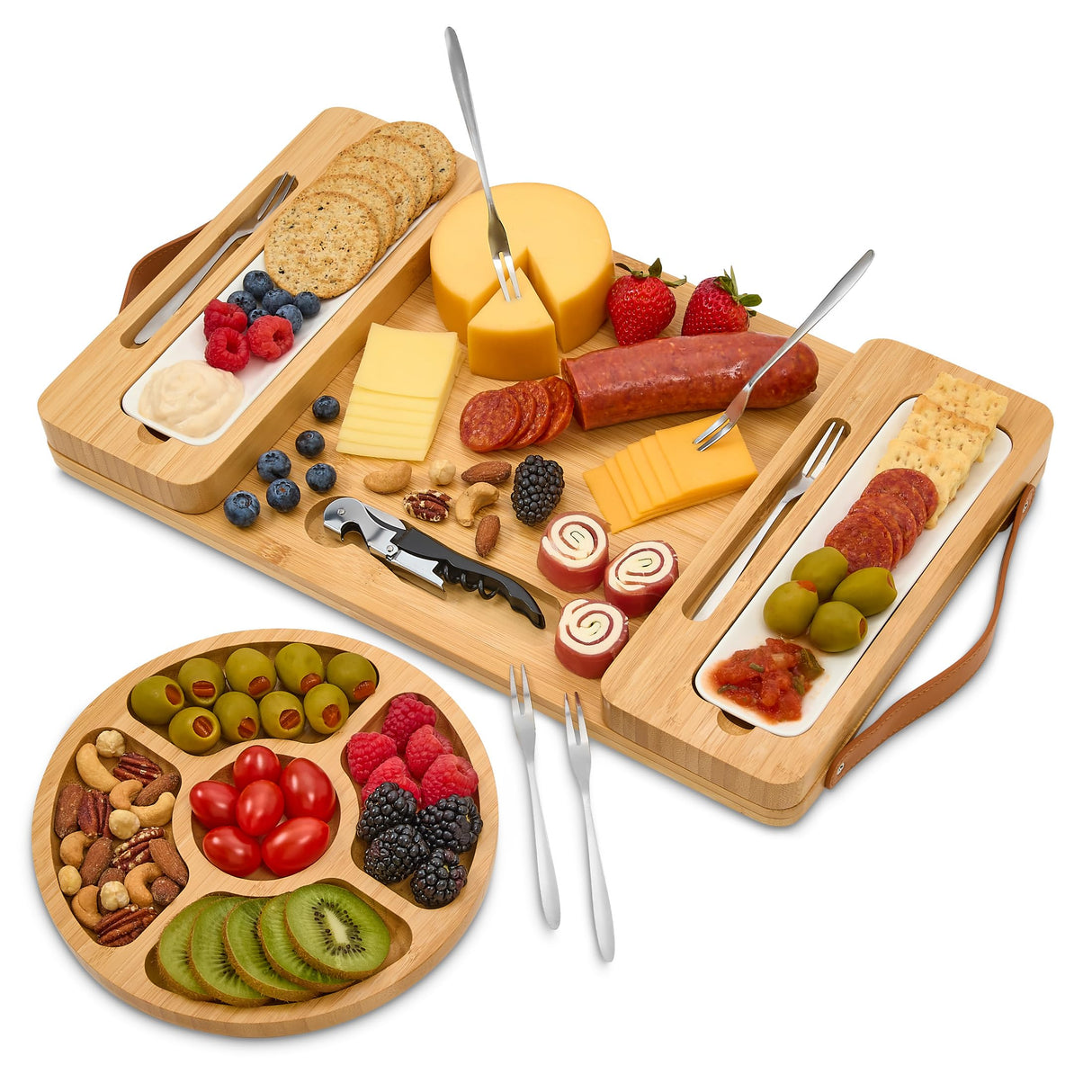 Bamboo Cheese Board Set - Charcuterie Boards Serving Platter - Magnetic Removable Side Boards - Gift for Housewarming, Anniversary, and Birthdays - House Ur Home