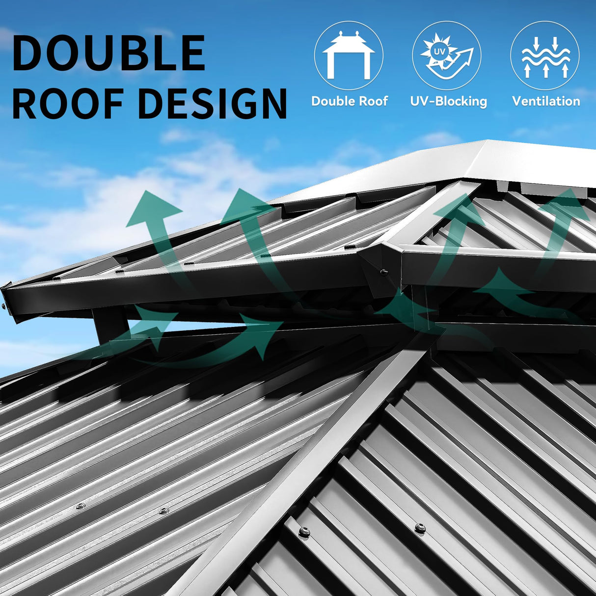 YITAHOME 10x12ft Gazebo Double Roof Hardtop with Nettings and Curtains, Heavy Duty Galvanized Steel Outdoor Vertical Stripes Roof for Patio, YITAHOME