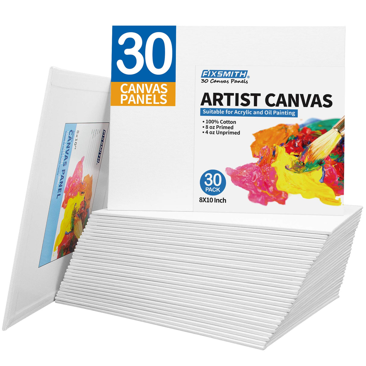 FIXSMITH Canvases for Painting, 8x10 Inch Canvas Boards, Super Value 30 Pack White Blank Canvas Panels, 100% Cotton Primed,Painting Art Supplies for FIXSMITH