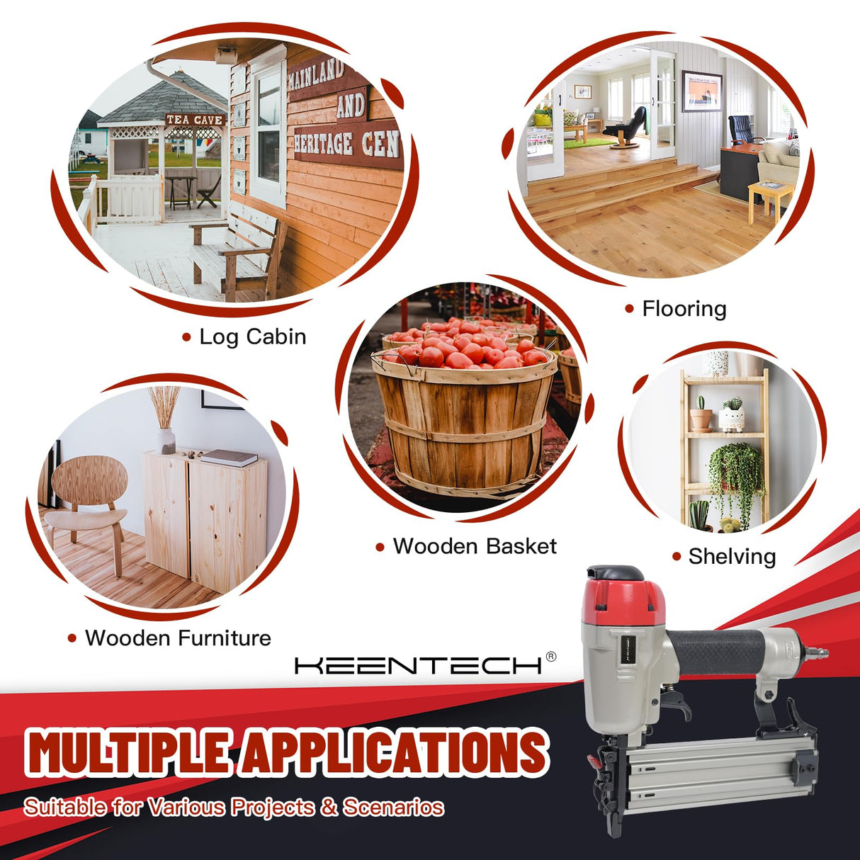 KEENTECH Pneumatic Brad Nailer, 18 GA, 3/8-Inch to 2-Inch Brad Nailer with 3000pcs Nails and Carrying Case, for Carpentry, DIY Project, Woodworking, KEENTECH