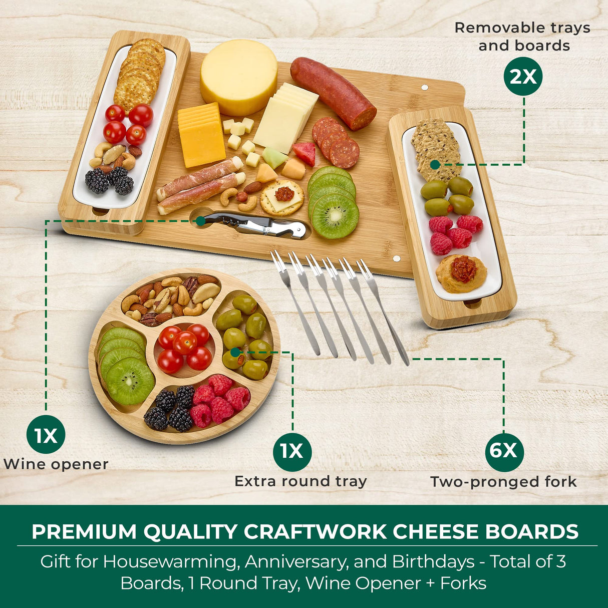 Bamboo Cheese Board Set - Charcuterie Boards Serving Platter - Magnetic Removable Side Boards - Gift for Housewarming, Anniversary, and Birthdays - House Ur Home