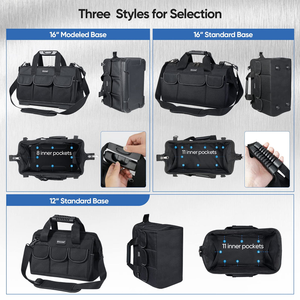 TICONN 12in Tool Bag with Waterproof Soft Bottom, Multi-Pockets Wide Mouth Tool Tote with Safety Reflective Straps, Adjustable Shoulder Strap TICONN