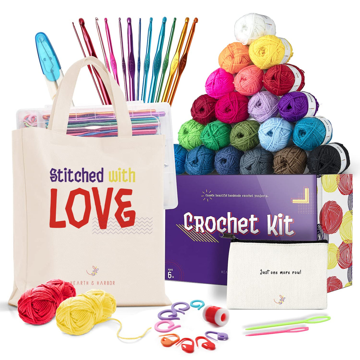 43 Piece Small Crochet Kit for Beginners Adults and Kids with 9 Crochet Hooks Set and 55 Yards of Yarn for Crocheting Set, Canvas Tote Bag and Lots Hearth & Harbor