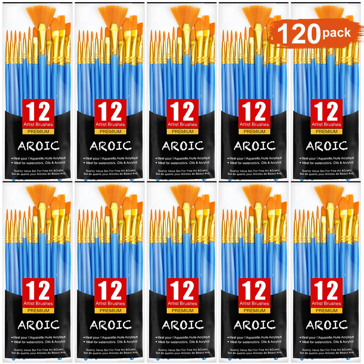 AROIC Acrylic Painting Brush Set, 10 Packs / 120 Pcs, Nylon Brush Head, Suitable for Oil and Watercolor, Perfect Suit of Art Painting, Best Gift for AROIC