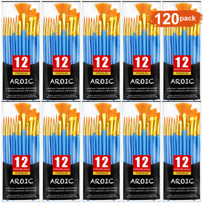 AROIC Acrylic Painting Brush Set, 10 Packs / 120 Pcs, Nylon Brush Head, Suitable for Oil and Watercolor, Perfect Suit of Art Painting, Best Gift for
