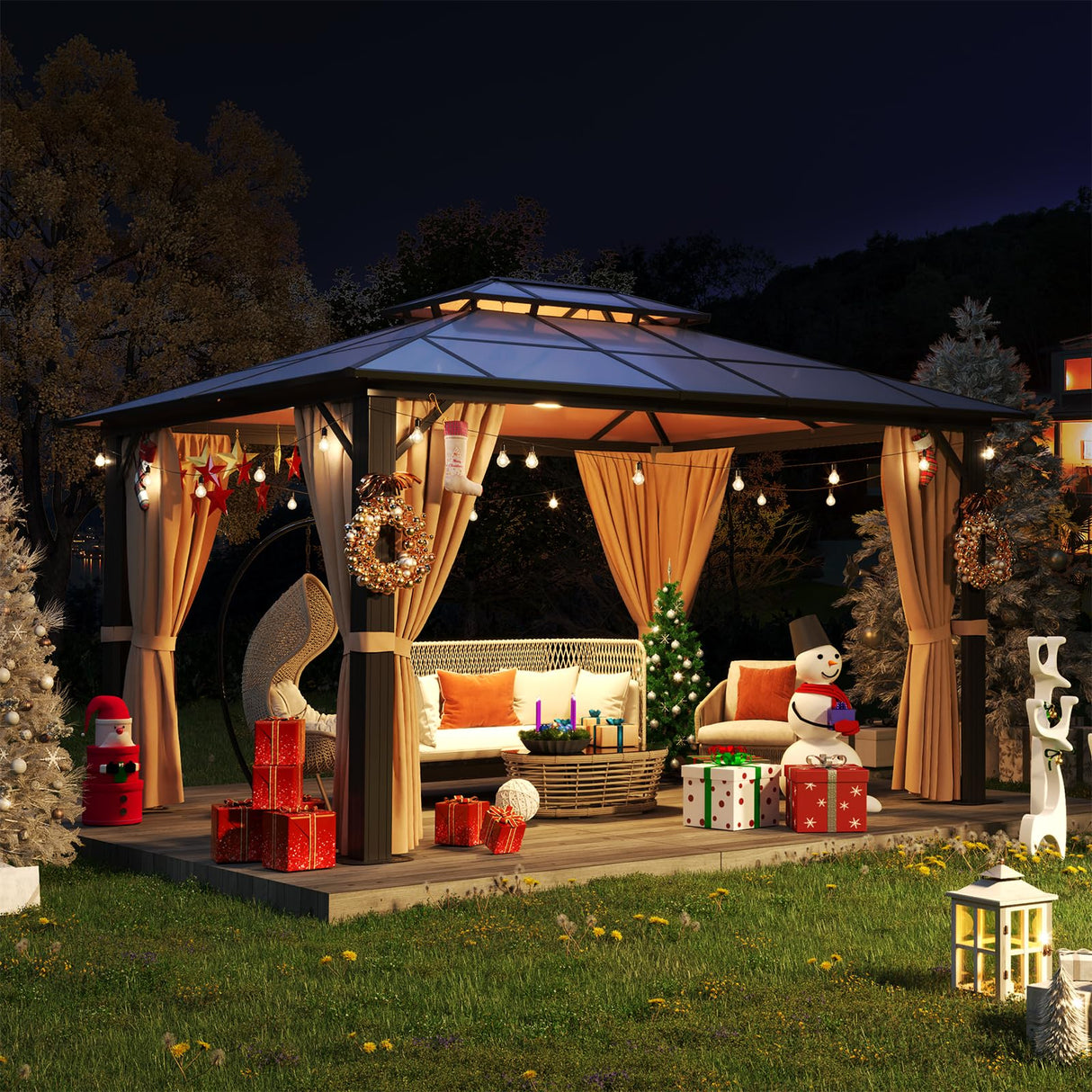 Aoxun 10'x13' Hardtop Gazebo, Aluminum Frame Permanent Pavilion with Curtains and Netting, Outdoor Polycarbonate Gazebo, Double Roof Canopy, for Aoxun