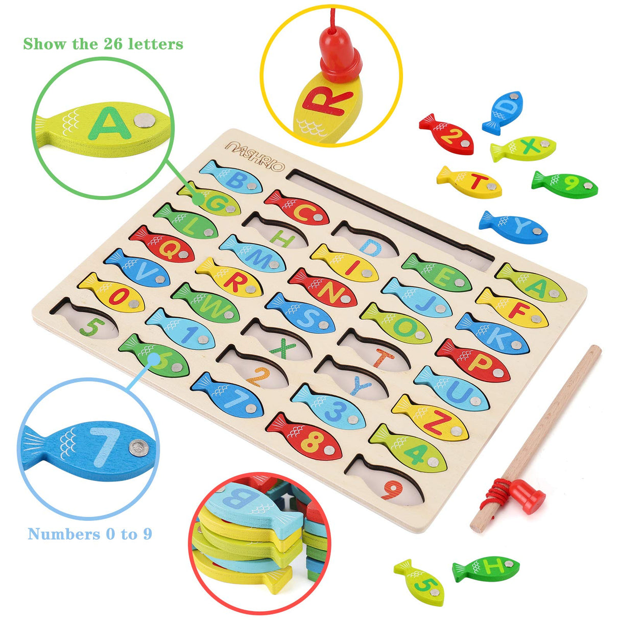 Magnetic Wooden Fishing Game Toy for Toddlers, Alphabet Fish Catching Counting Games Puzzle with Numbers and Letters, Preschool Learning ABC Math NASHRIO