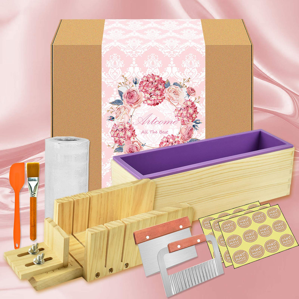 Artcome Loaf Soap Making Cutting Mold Kit Multi-Function Adjustable Wood Soap Mold Set - Rectangular Silicone Mold Set with Stainless Steel Wavy & Artcome