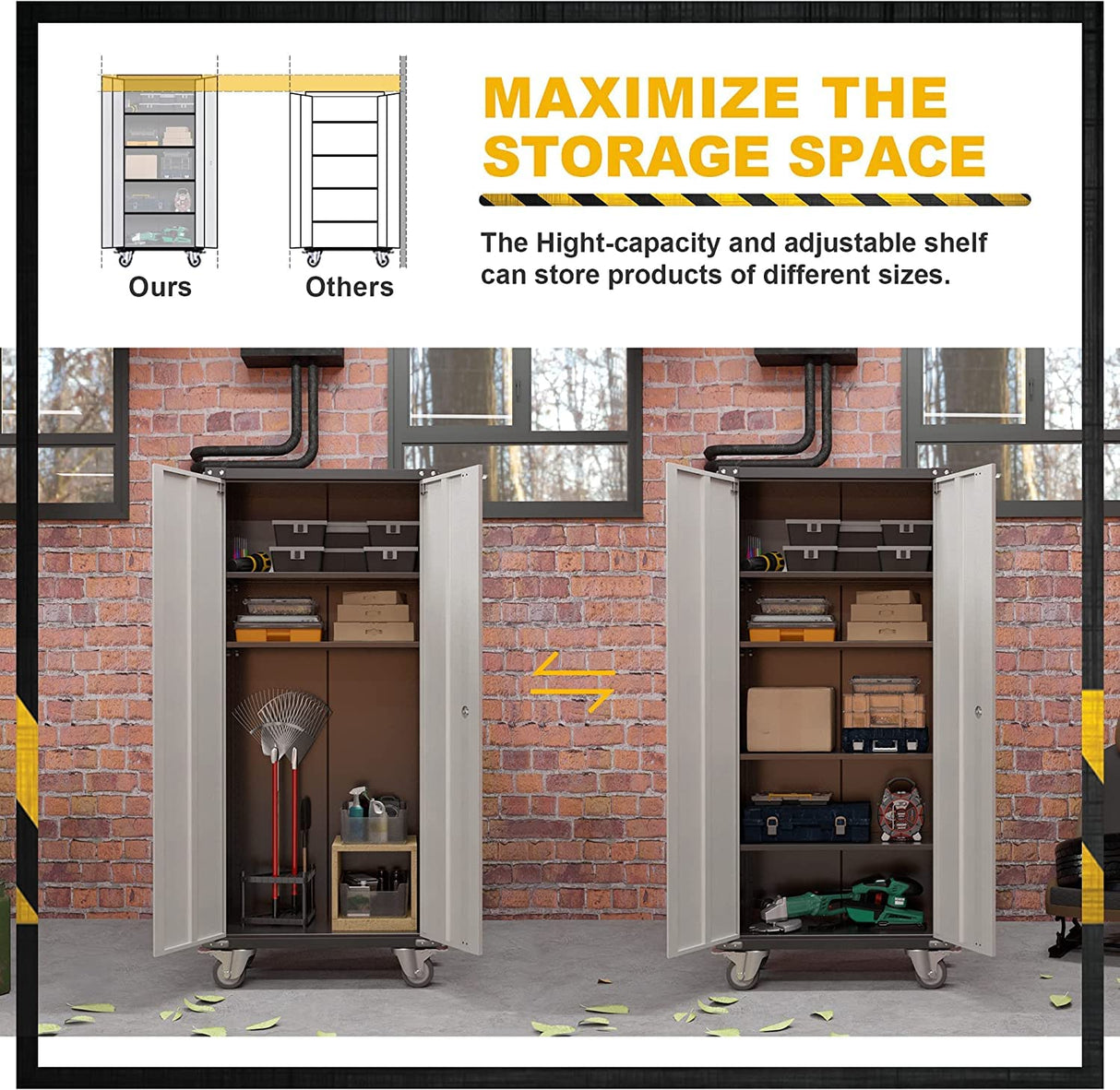 JAORD Tool Storage Cabinet with Wheels, Metal Garage Cabinet, Tall Storage Cabinet with Locking Doors, 3 Adjustable Shelves for Home Utility Room JAORD