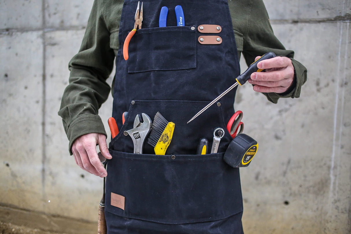 WHITEDUCK Work Apron 24oz Woodworking Apron for Men Waxed Heavy Duty Canvas Apron with Pockets (Black) WHITEDUCK
